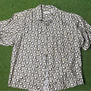 Vintage 80s 90s Mens Summa Silk 100% Silk Blue & Beige Abstract Button Down Sz L